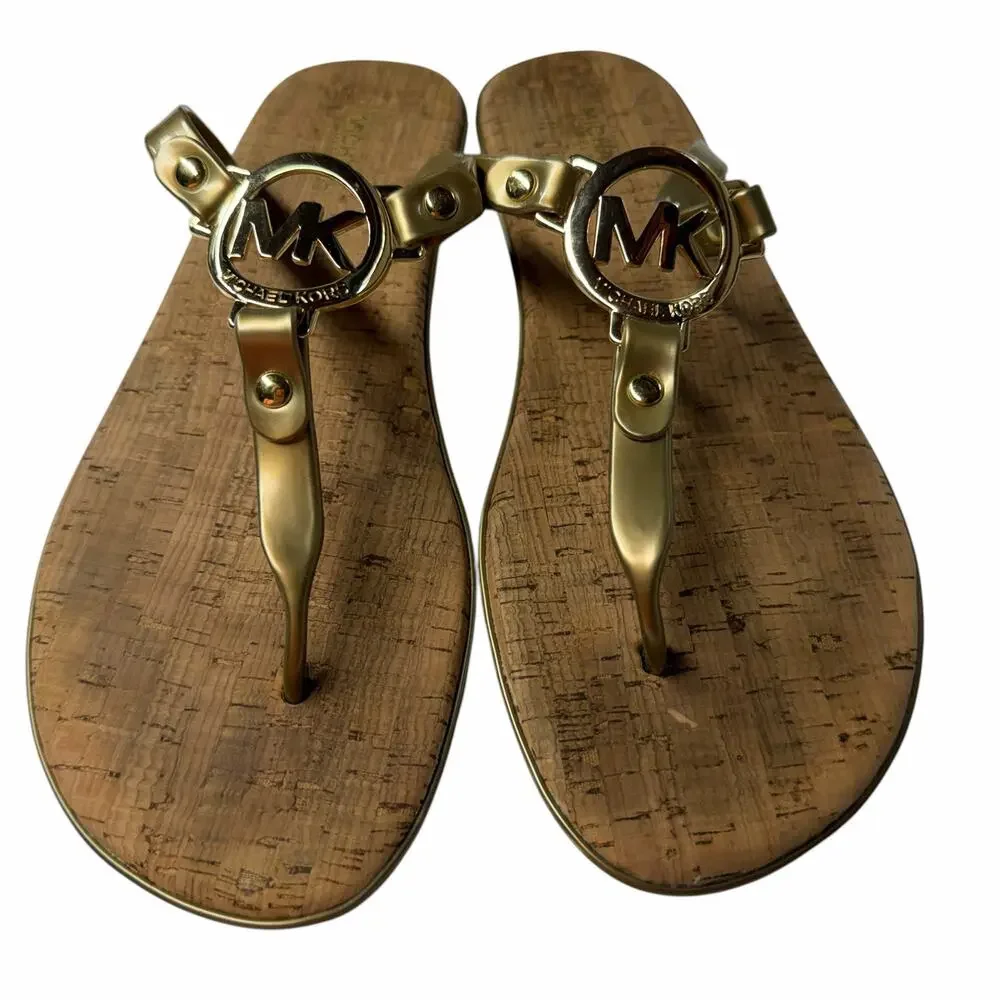 Michael Michael Kors Gold Jelly Thong Sandals MK Logo Cork Print Women's 8M
